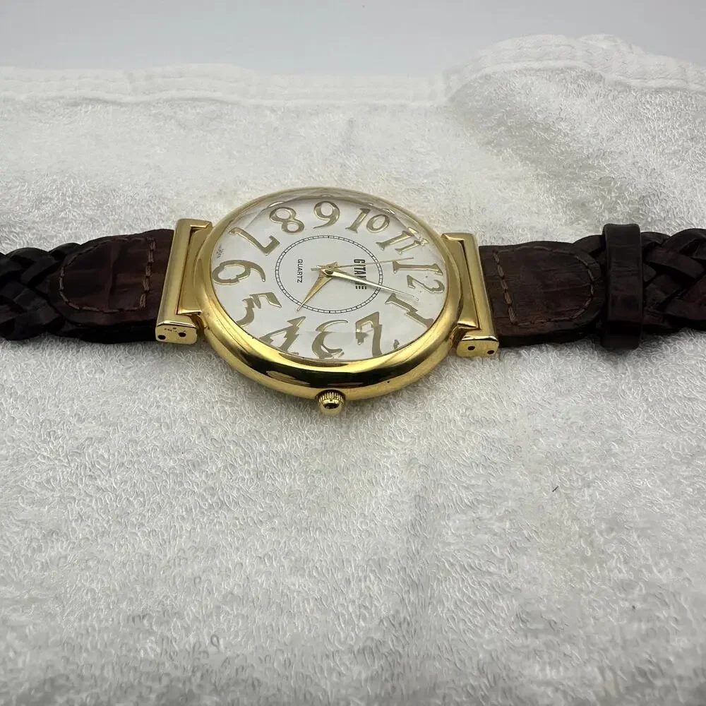 Gitano Quartz Gold Tone Watch White Dial Braided Brown Leather Strap